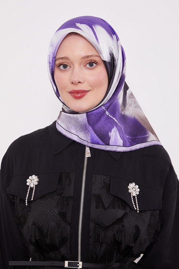 LevidorMor Soyut Yaprak Desen Twill İpek Eşarp