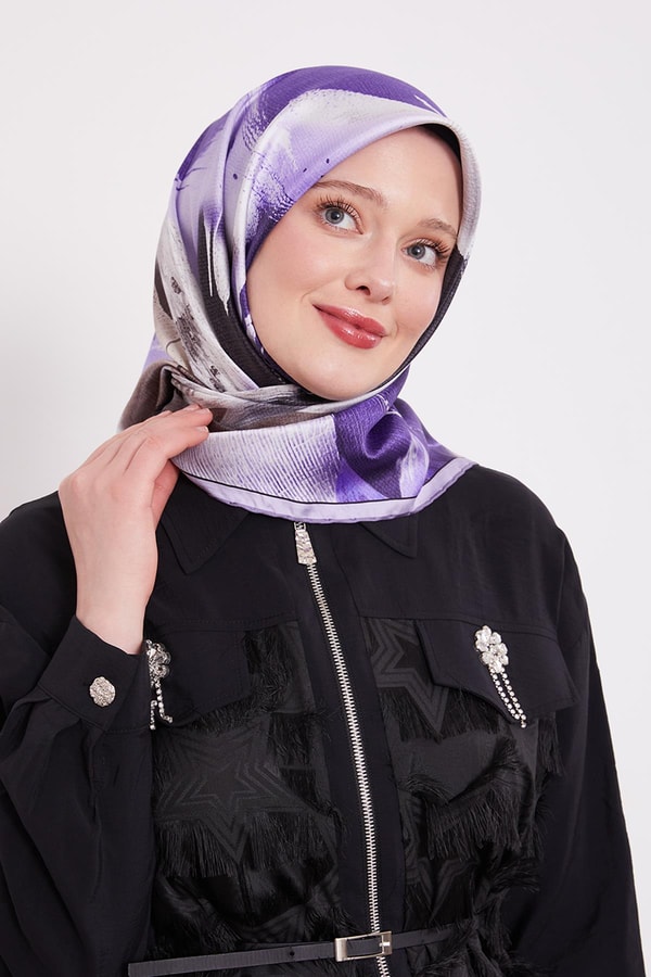 LevidorMor Soyut Yaprak Desen Twill İpek Eşarp