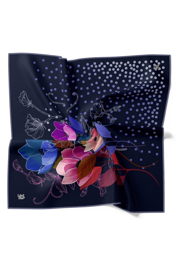 LevidorMorcivert Lotus Çiçek Desen Twill İpek Eşarp