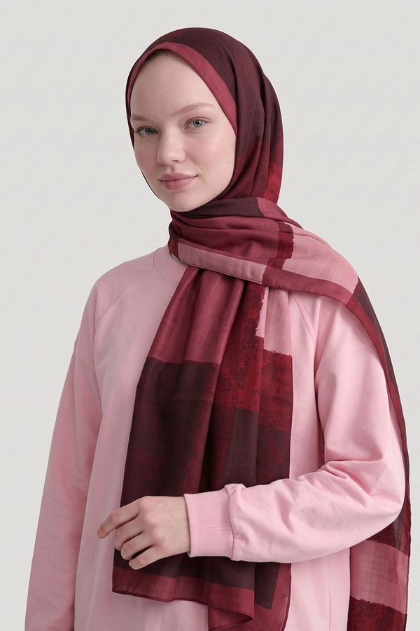 LevidorMozaik Desenli Yün İpek Şal Bordo