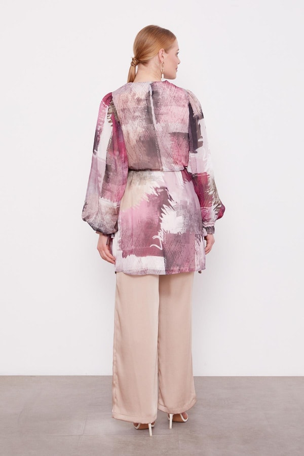 LevidorMürdüm Karışık Fırça Desen Şifon Tunik