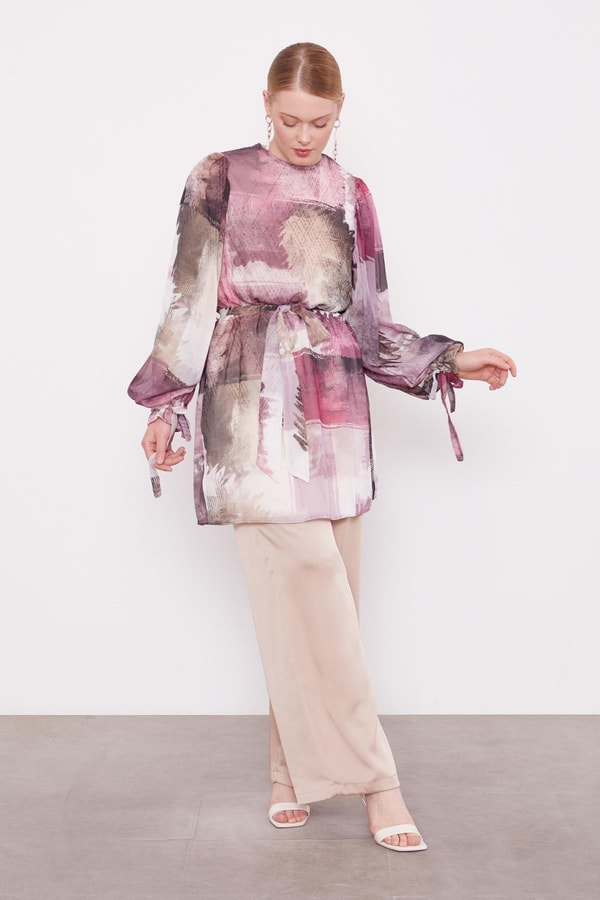 LevidorMürdüm Karışık Fırça Desen Şifon Tunik