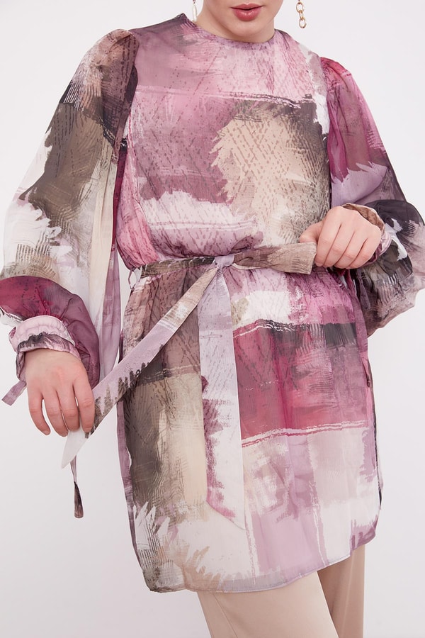 LevidorMürdüm Karışık Fırça Desen Şifon Tunik