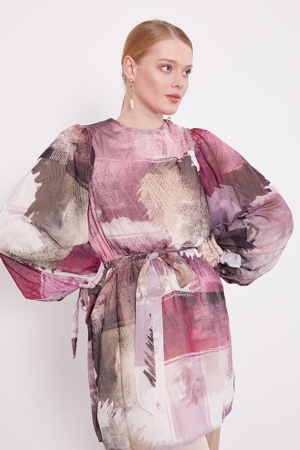 LevidorMürdüm Karışık Fırça Desen Şifon Tunik