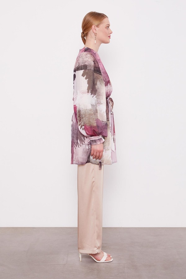 LevidorMürdüm Karışık Fırça Desen Şifon Tunik