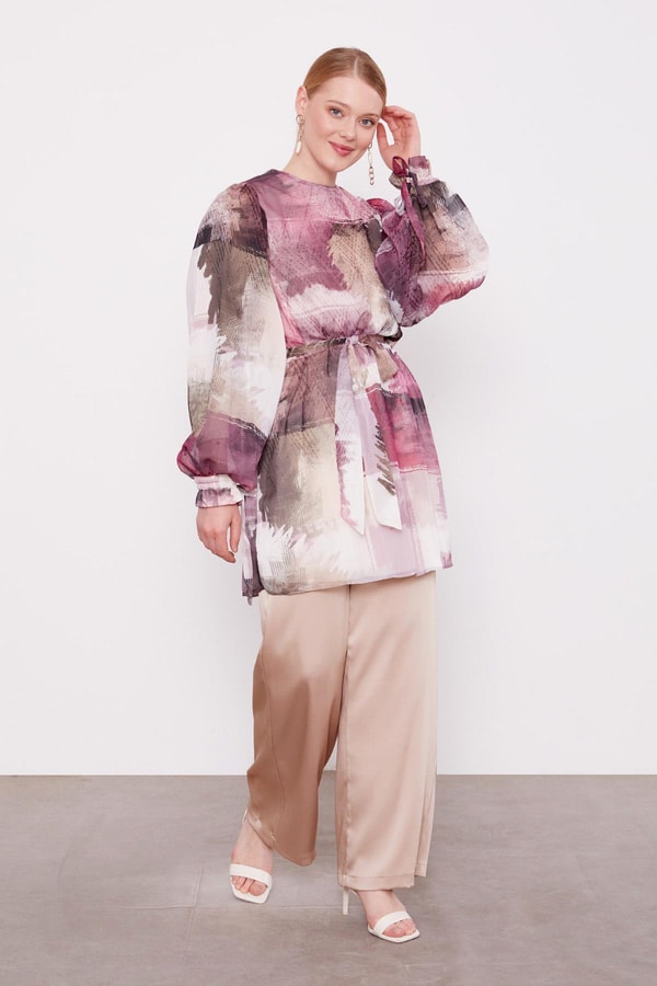 LevidorMürdüm Karışık Fırça Desen Şifon Tunik