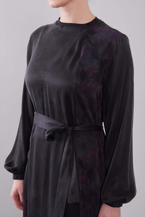 LevidorMürdüm Kuşak Detaylı Kenar Desen Cupra Elbise