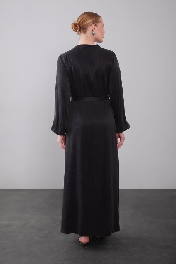 LevidorMürdüm Kuşak Detaylı Kenar Desen Cupra Elbise