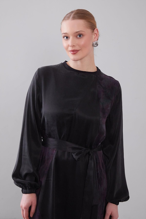 LevidorMürdüm Kuşak Detaylı Kenar Desen Cupra Elbise