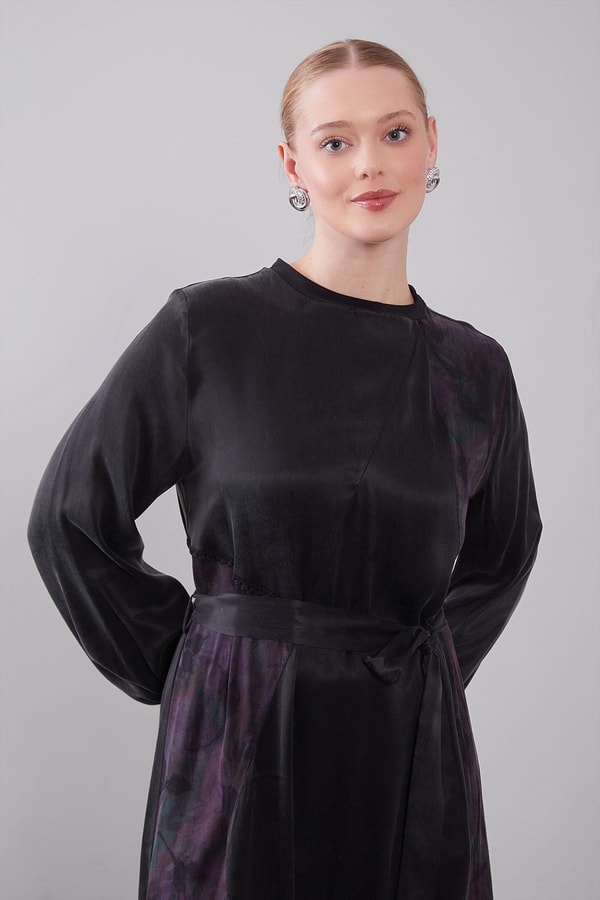 LevidorMürdüm Kuşak Detaylı Kenar Desen Cupra Elbise