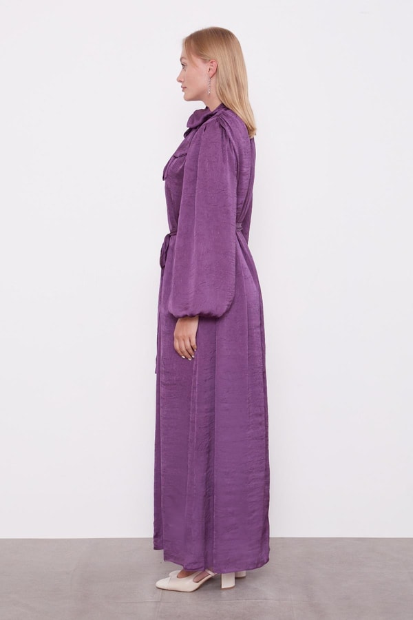 LevidorMürdüm Kuşak Detaylı Saten Kraş Elbise