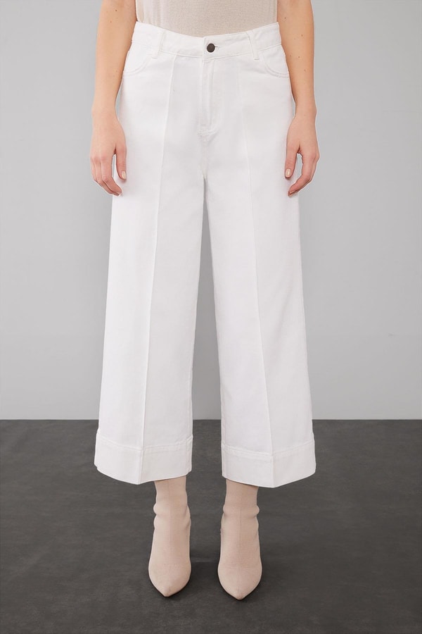 LevidorOPTİK BEYAZ Katlı Paçalı Wideleg Pantolon