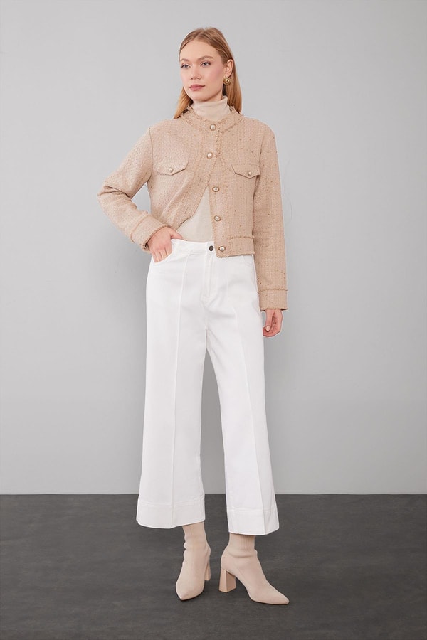 LevidorOPTİK BEYAZ Katlı Paçalı Wideleg Pantolon