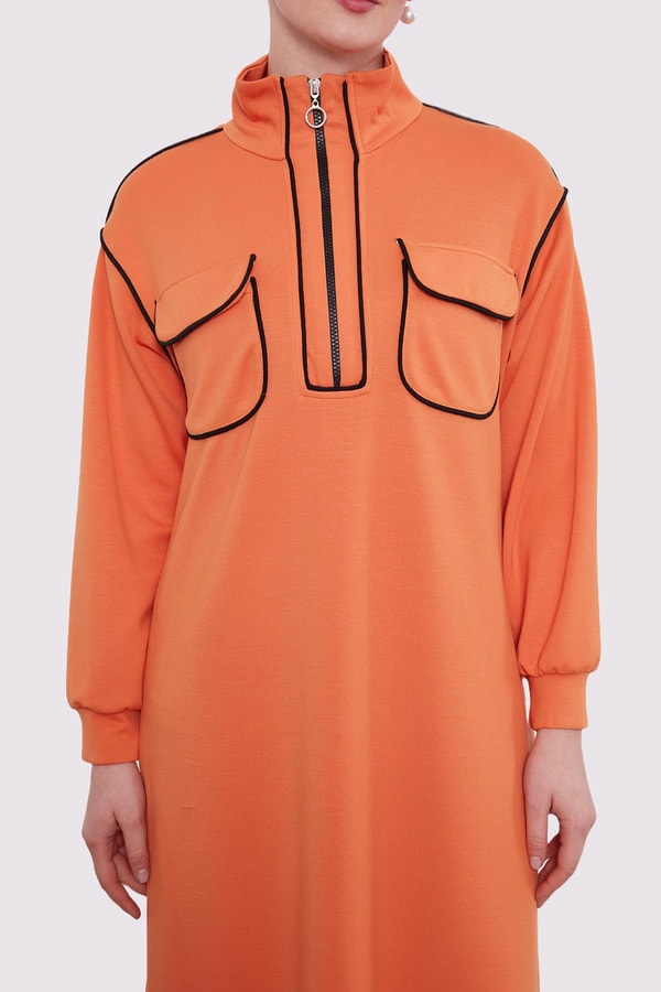 LevidorOranj Çizgi Cep Detaylı Elbise