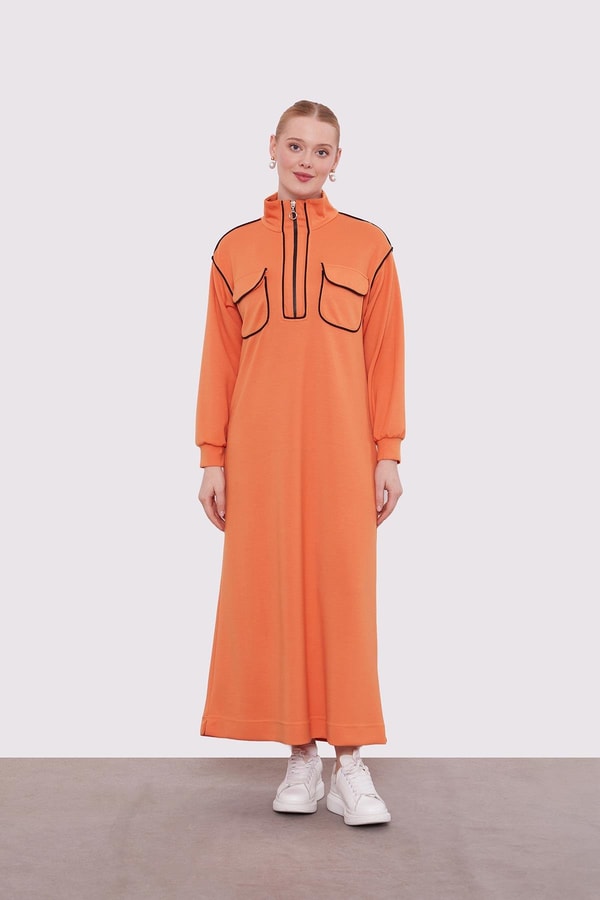 LevidorOranj Çizgi Cep Detaylı Elbise