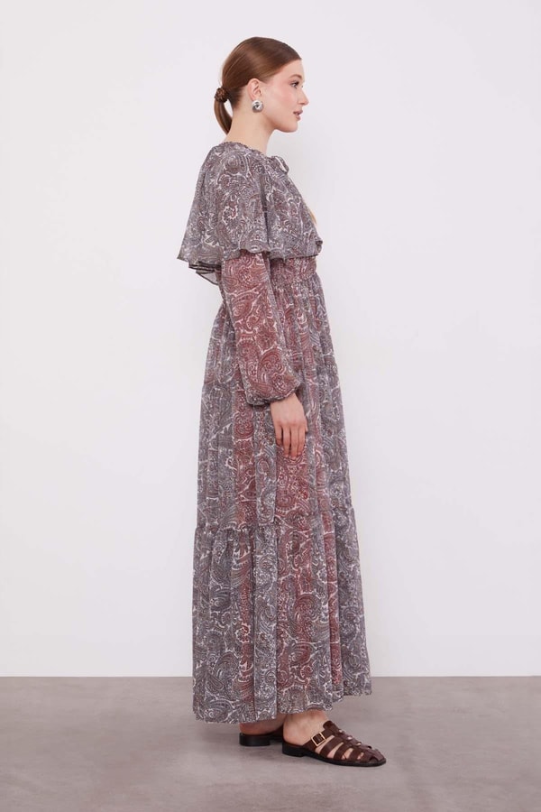 LevidorOranj Etnik Desenli Şifon Elbise