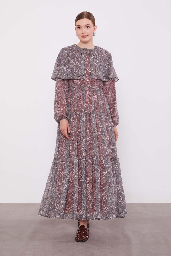 LevidorOranj Etnik Desenli Şifon Elbise