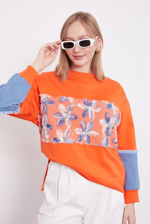 LevidorOranj Kot Detaylı Çiçekli Sweat