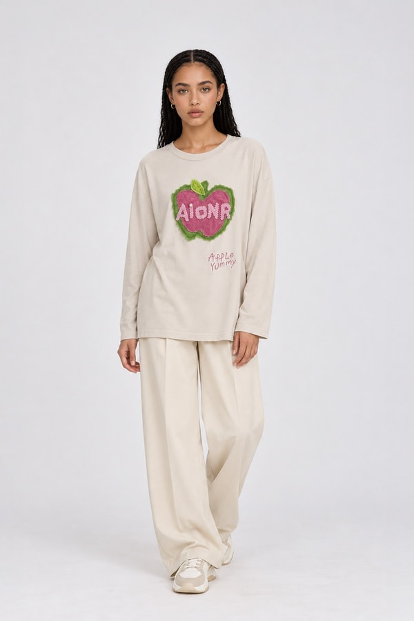 LevidorPamuklu Yazı Detaylı Sweatshirt Bej