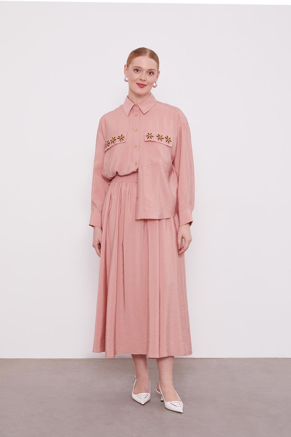 LevidorPembe Cep Boncuk Papatya Detaylı Etek Takım