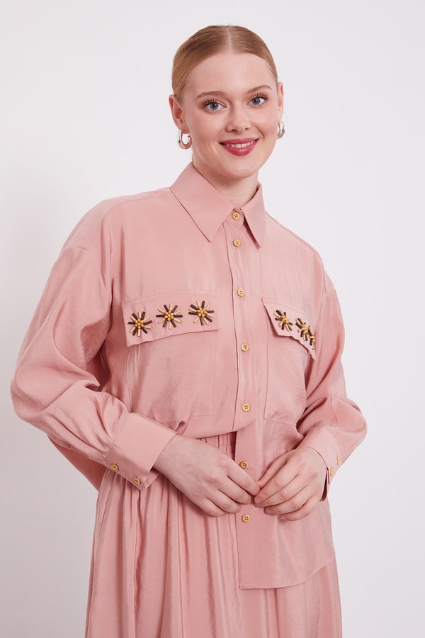 LevidorPembe Cep Boncuk Papatya Detaylı Etek Takım