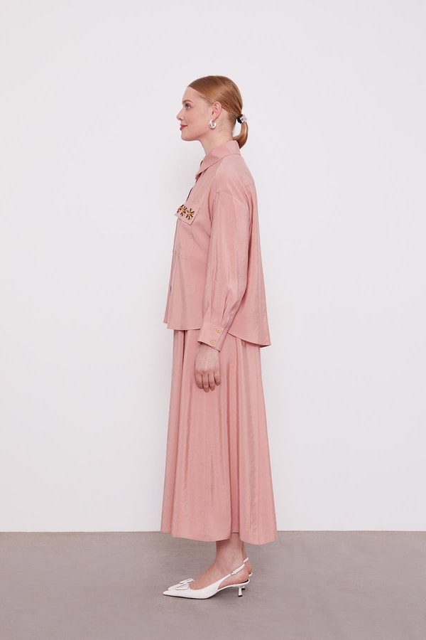 LevidorPembe Cep Boncuk Papatya Detaylı Etek Takım