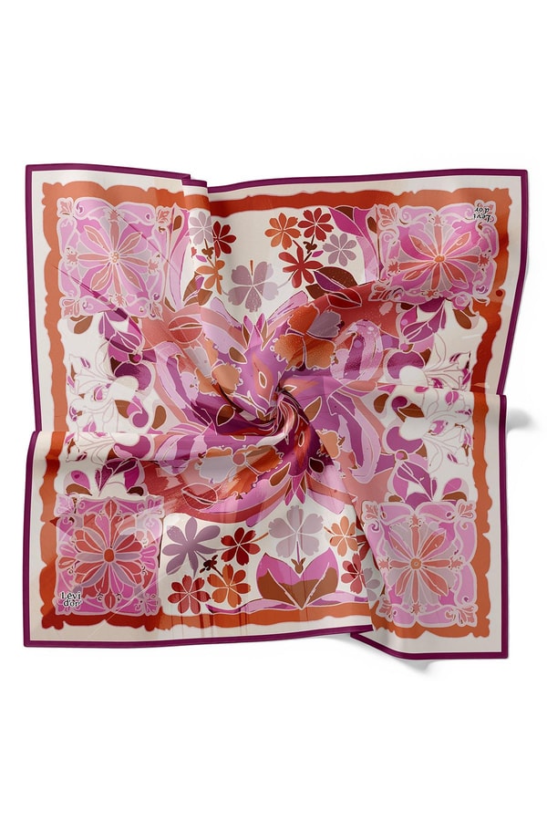 LevidorPembe Karışık Çiçek Desen Twill İpek Eşarp