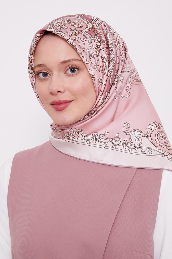 LevidorPembe Varak Desenli Twill İpek Eşarp