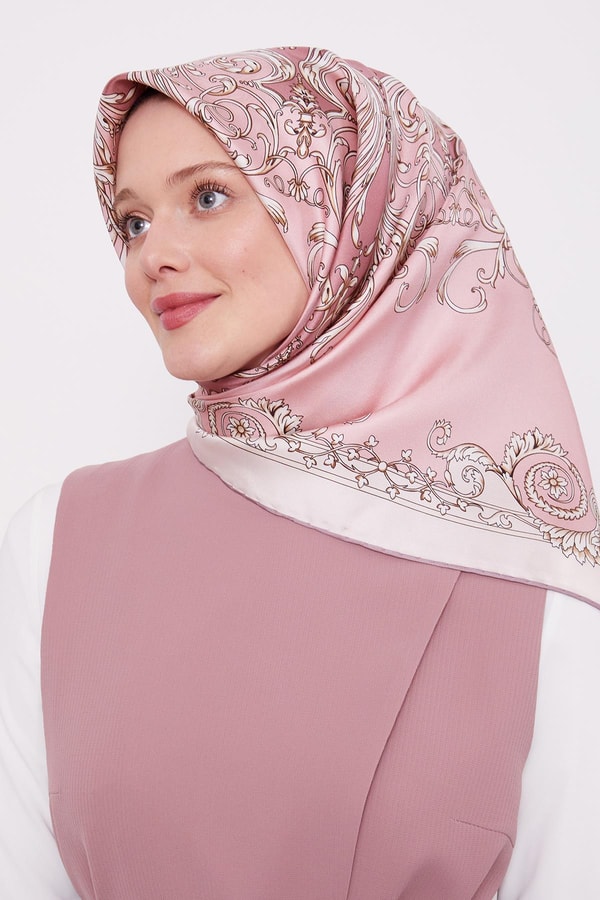 LevidorPembe Varak Desenli Twill İpek Eşarp