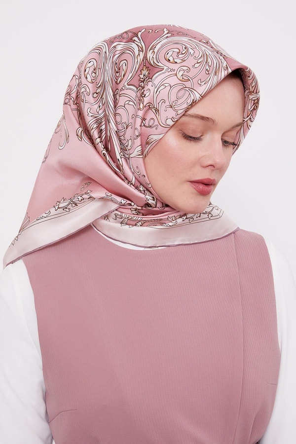 LevidorPembe Varak Desenli Twill İpek Eşarp