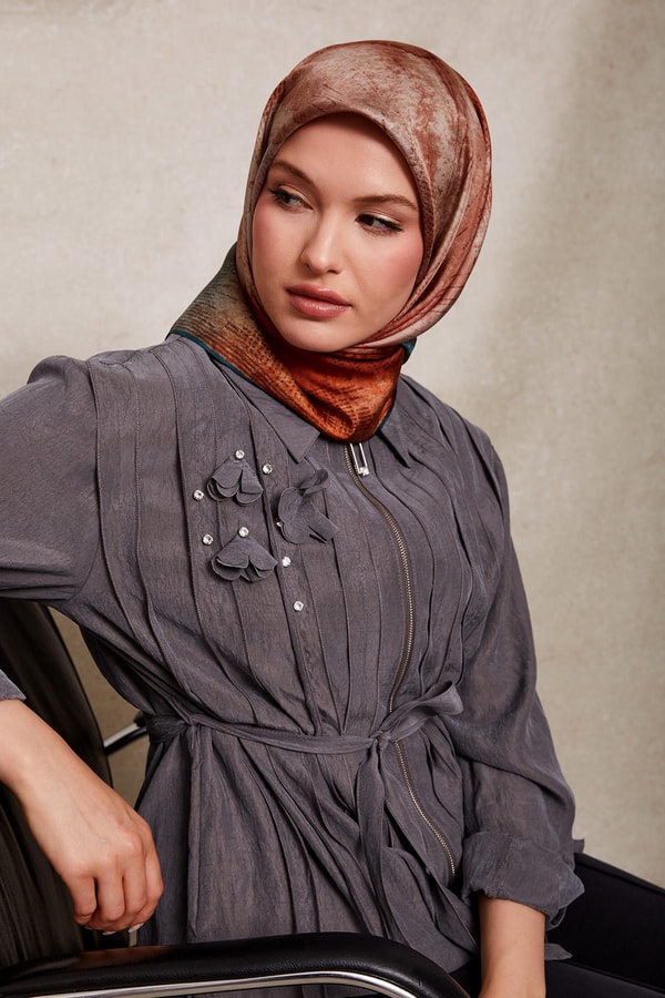 LevidorPetrol Yeşili Desenli Twill İpek Eşarp