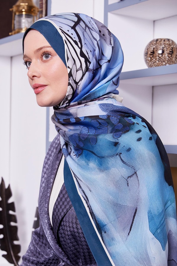 LevidorPetrol Yeşili Ebruli Desen Royal Şal