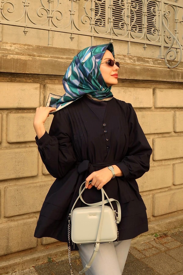 LevidorPetrol Yeşili Ebruli Desen Twill İpek Eşarp