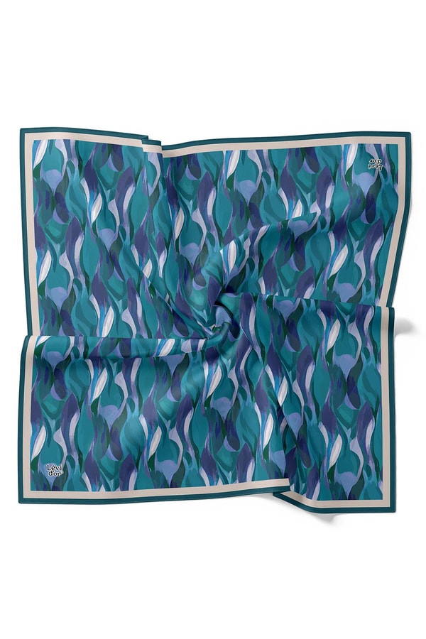 LevidorPetrol Yeşili Ebruli Desen Twill İpek Eşarp
