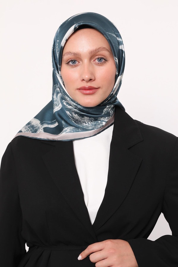 LevidorPetrol Yeşili Fırça İzi Desen Twill İpek Eşarp