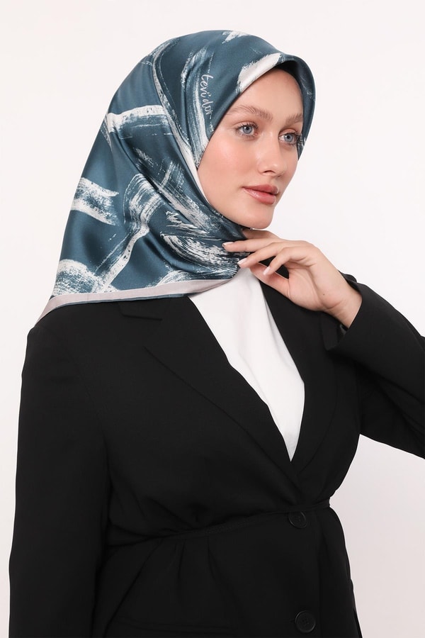 LevidorPetrol Yeşili Fırça İzi Desen Twill İpek Eşarp