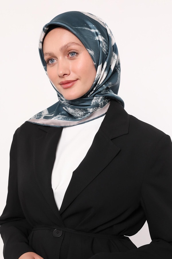 LevidorPetrol Yeşili Fırça İzi Desen Twill İpek Eşarp