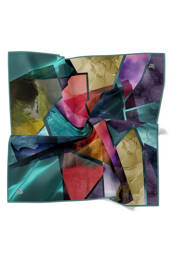 LevidorPetrol Yeşili Karışık Desen Twill İpek Eşarp