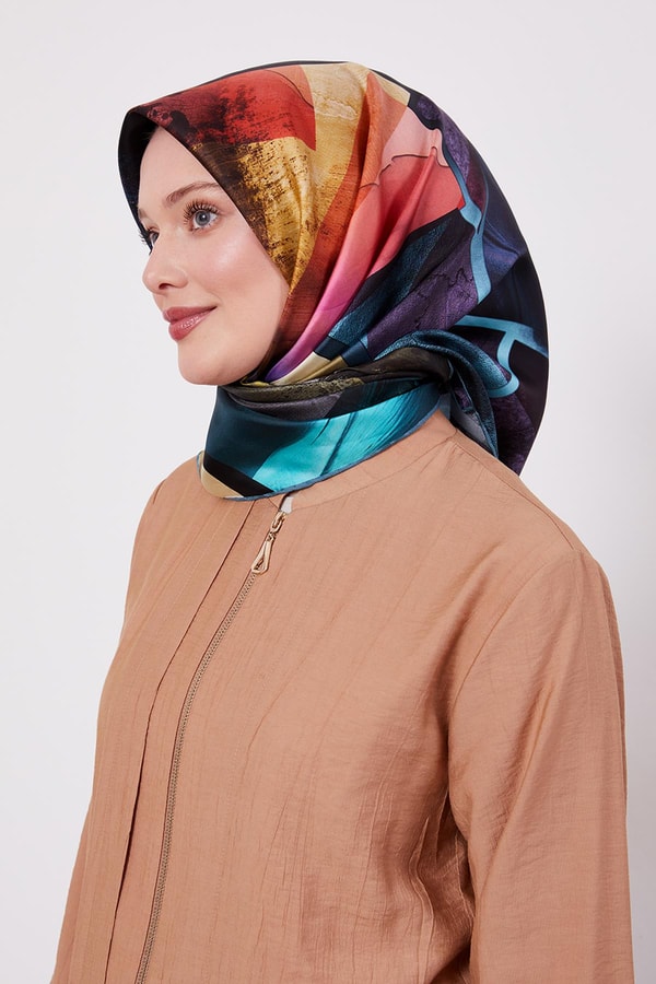 LevidorPetrol Yeşili Karışık Desen Twill İpek Eşarp