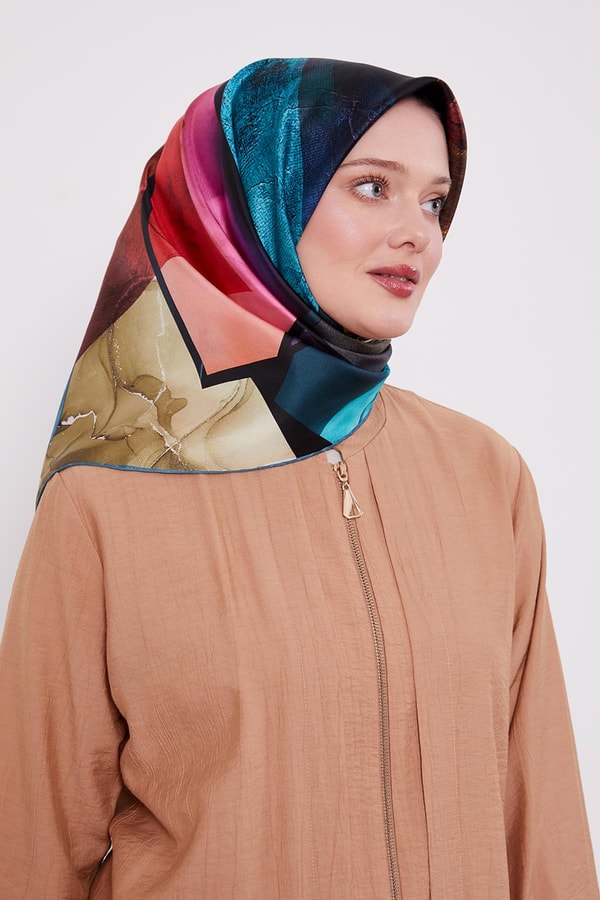 LevidorPetrol Yeşili Karışık Desen Twill İpek Eşarp