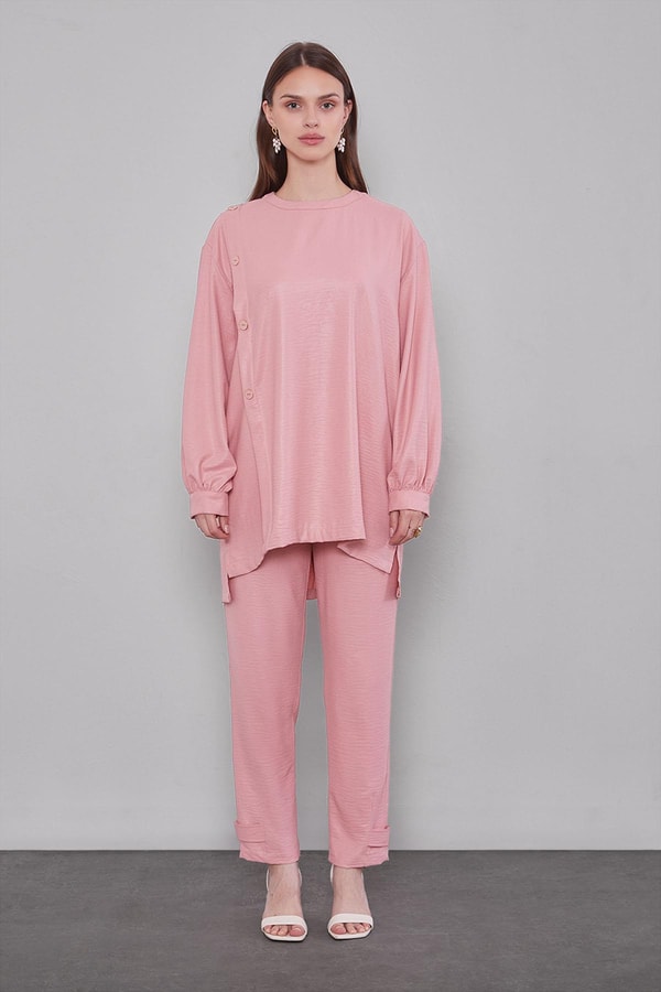 LevidorPudra Bisiklet Yaka Düğme Detaylı İkili Takım