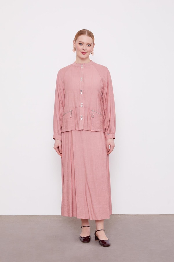 LevidorPudra Çift Düğme Detaylı Etekli Takım