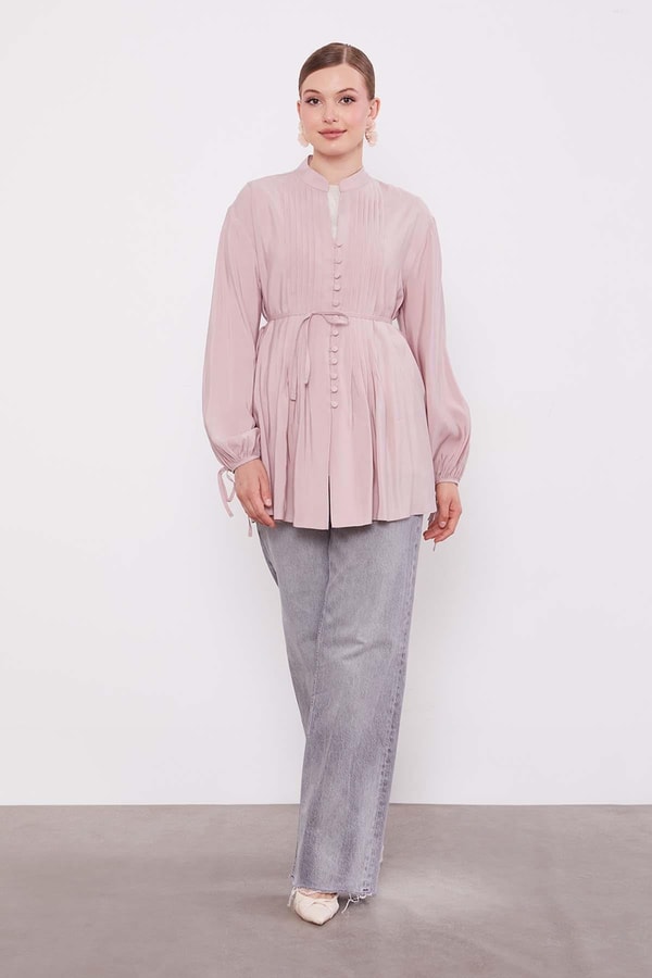 LevidorPudra Düğme Detay Belden Bağlama Gömlek