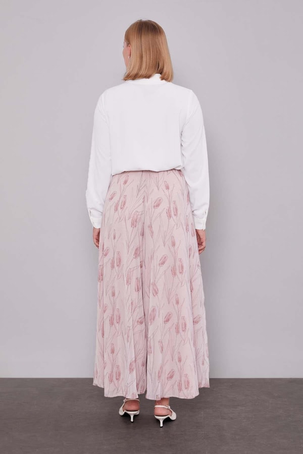 LevidorPudra Kare Desen Geniş Paça Şifon Pantolon