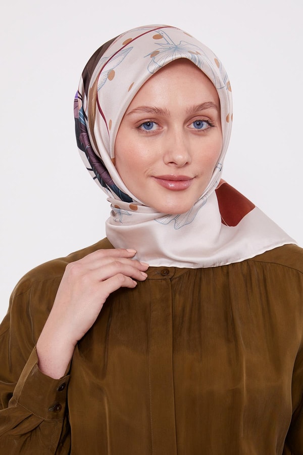 LevidorPudra Lotus Çiçek Desen Twill İpek Eşarp