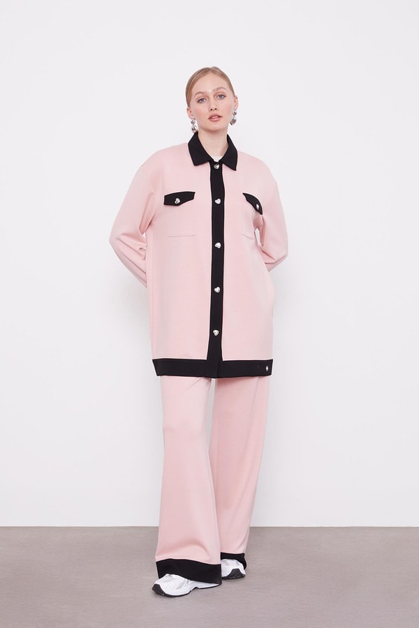 LevidorPudra-Siyah Düğme Detaylı Pantolon Takım