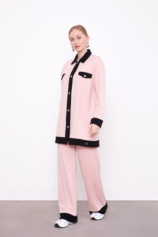 LevidorPudra-Siyah Düğme Detaylı Pantolon Takım