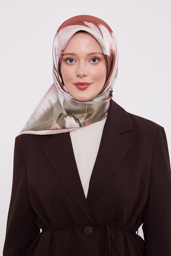LevidorPudra Soyut Yaprak Desen Twill İpek Eşarp