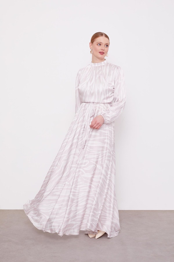 LevidorPudra Zebra Desen Kuşak Bağlamalı Elbise