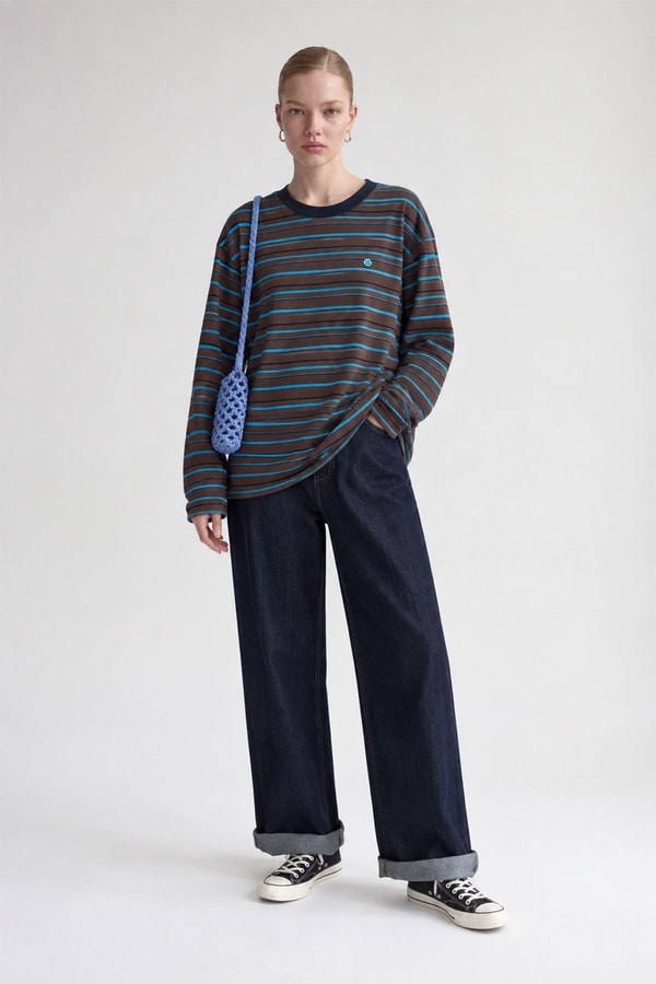 LevidorRahat Kesim Bisiklet Yaka Sweatshirt Mavi